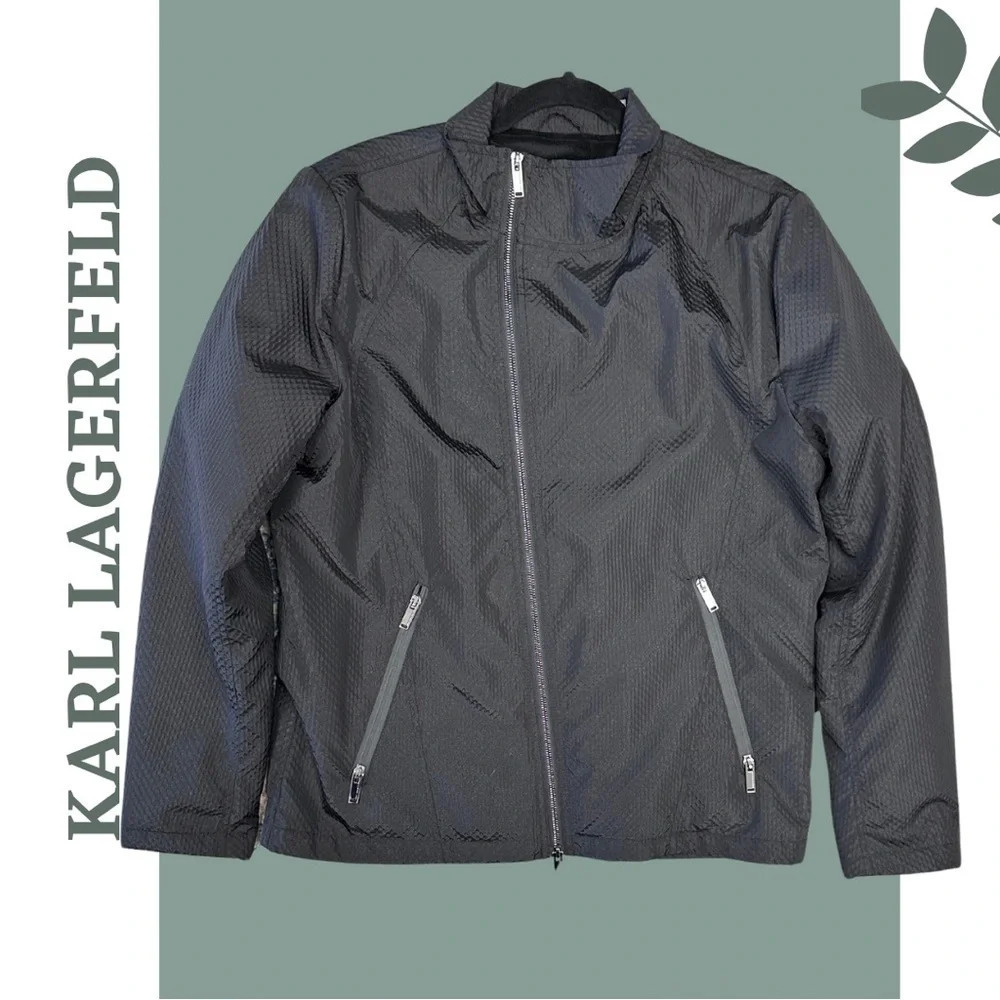 Karl Lagerfeld Black Lined Windbreaker Jacket Front Zipper Pockets Large